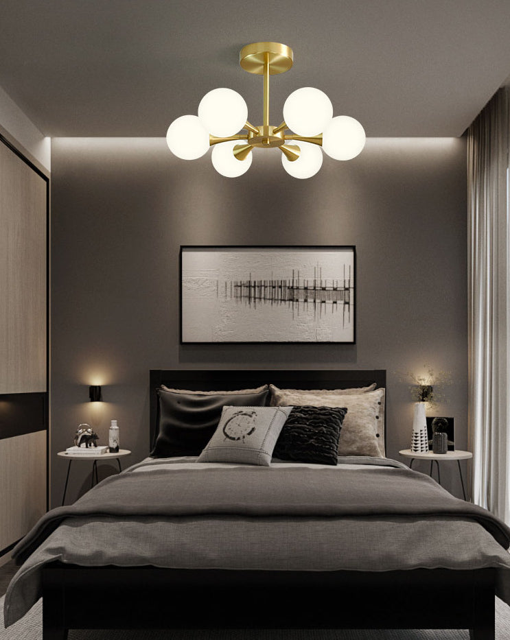 Global Semi Flush Ceiling Light Minimalist Opal Glass Bedroom Flush Light in Brass