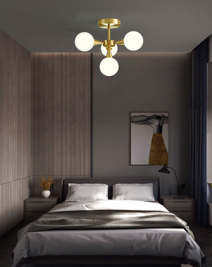 Global Semi Flush Ceiling Light Minimalist Opal Glass Bedroom Flush Light in Brass