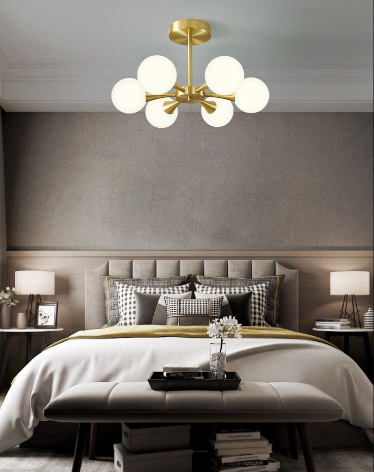 Global Semi Flush Ceiling Light Minimalist Opal Glass Bedroom Flush Light in Brass