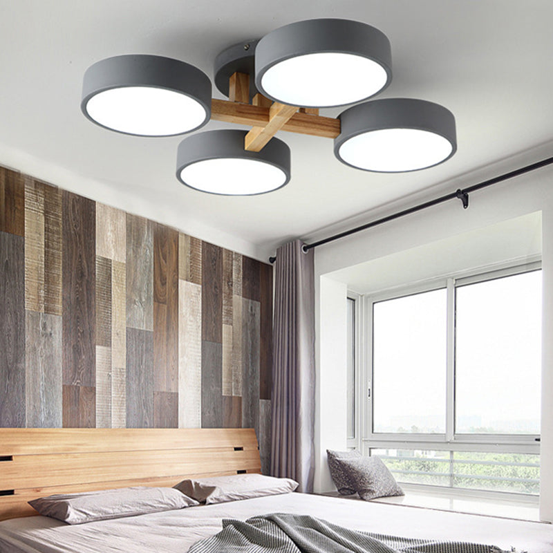 LED Nordic Creative Semi Flush Mount Ceiling Light Circle Shade Wooden Ceiling Mounted Light for Bedroom