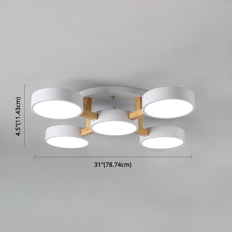 LED Nordic Creative Semi Flush Mount Ceiling Light Circle Shade Wooden Ceiling Mounted Light for Bedroom