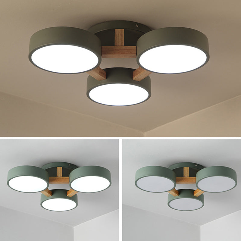 LED Nordic Creative Semi Flush Mount Ceiling Light Circle Shade Wooden Ceiling Mounted Light for Bedroom