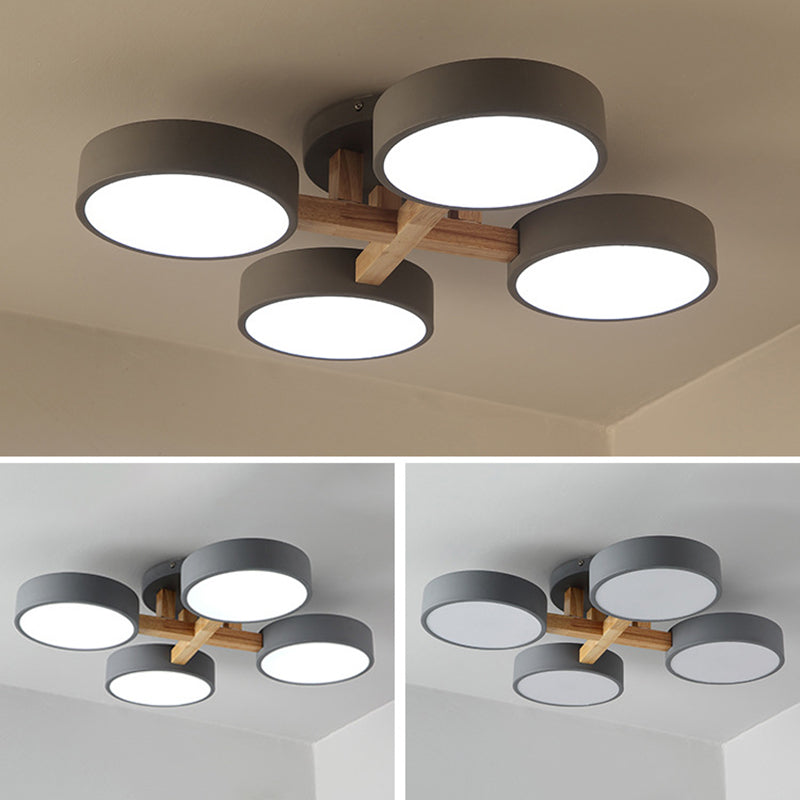 LED Nordic Creative Semi Flush Mount Ceiling Light Circle Shade Wooden Ceiling Mounted Light for Bedroom