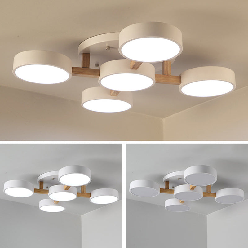 LED Nordic Creative Semi Flush Mount Ceiling Light Circle Shade Wooden Ceiling Mounted Light for Bedroom