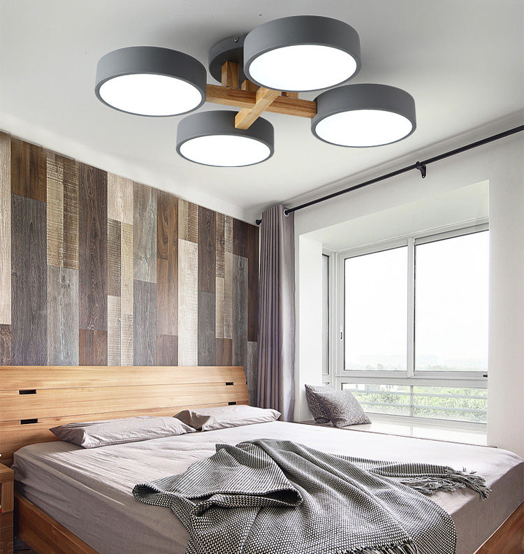 LED Nordic Creative Semi Flush Mount Ceiling Light Circle Shade Wooden Ceiling Mounted Light for Bedroom