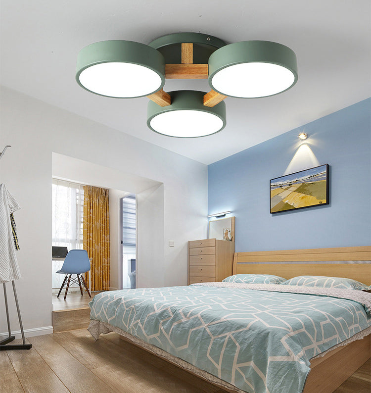 LED Nordic Creative Semi Flush Mount Ceiling Light Circle Shade Wooden Ceiling Mounted Light for Bedroom