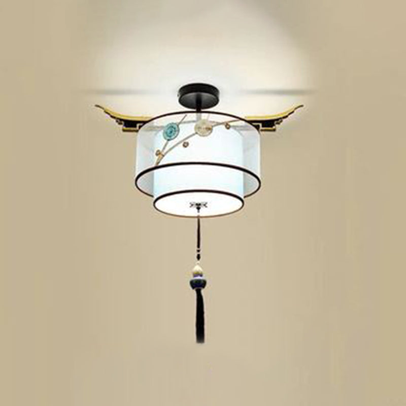 Tessuto di illuminazione semi -montaggio cilindrici vintage vicino alla luce del soffitto in blu cielo con nodo di nappe