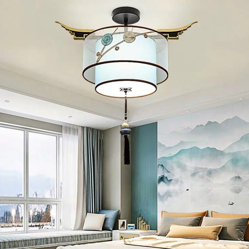 Vintage Cylindrical Semi Mount Lighting Fabric Close to Ceiling Light in Sky Blue with Tassel Knot