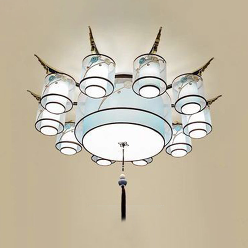 Vintage Cylindrical Semi Mount Lighting Fabric Close to Ceiling Light in Sky Blue with Tassel Knot