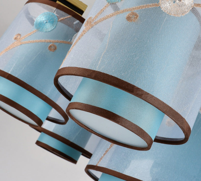 Vintage Cylindrical Semi Mount Lighting Fabric Close to Ceiling Light in Sky Blue with Tassel Knot