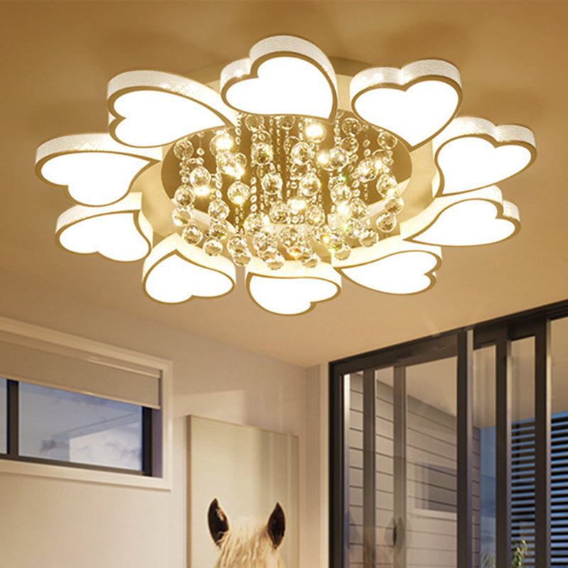 White Heart Shaped Semi Flush Mount Minimalist Acrylic LED Ceiling Light with Crystal Balls