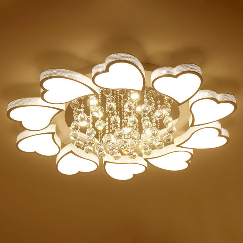 White Heart Shaped Semi Flush Mount Minimalist Acrylic LED Ceiling Light with Crystal Balls