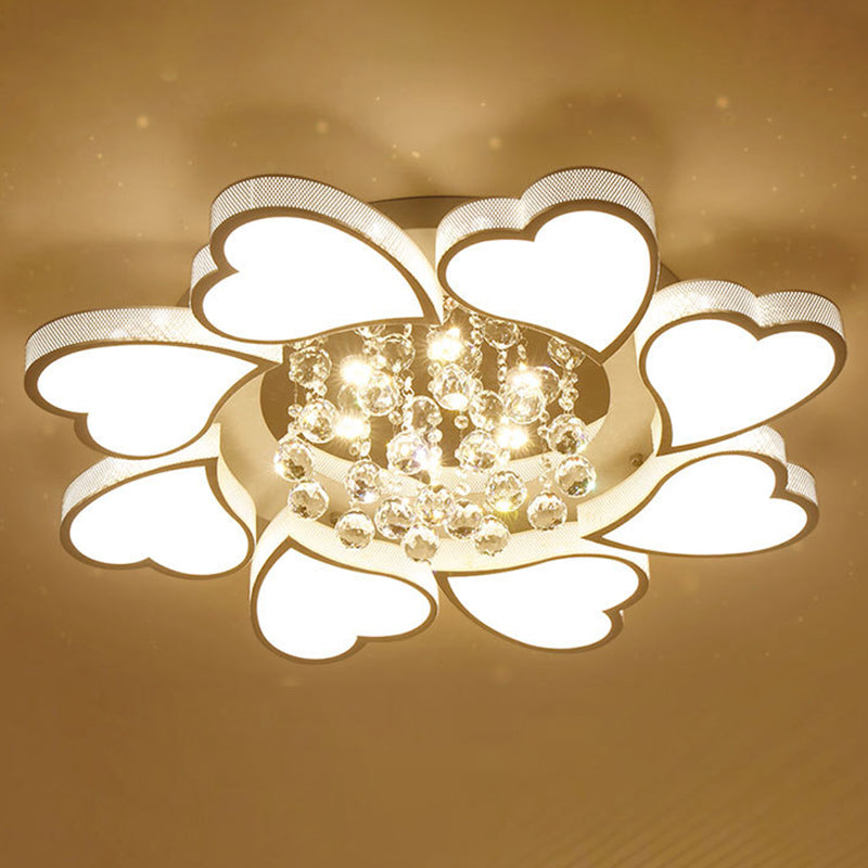 White Heart Shaped Semi Flush Mount Minimalist Acrylic LED Ceiling Light with Crystal Balls