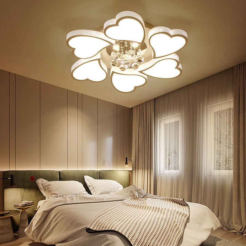 White Heart Shaped Semi Flush Mount Minimalist Acrylic LED Ceiling Light with Crystal Balls