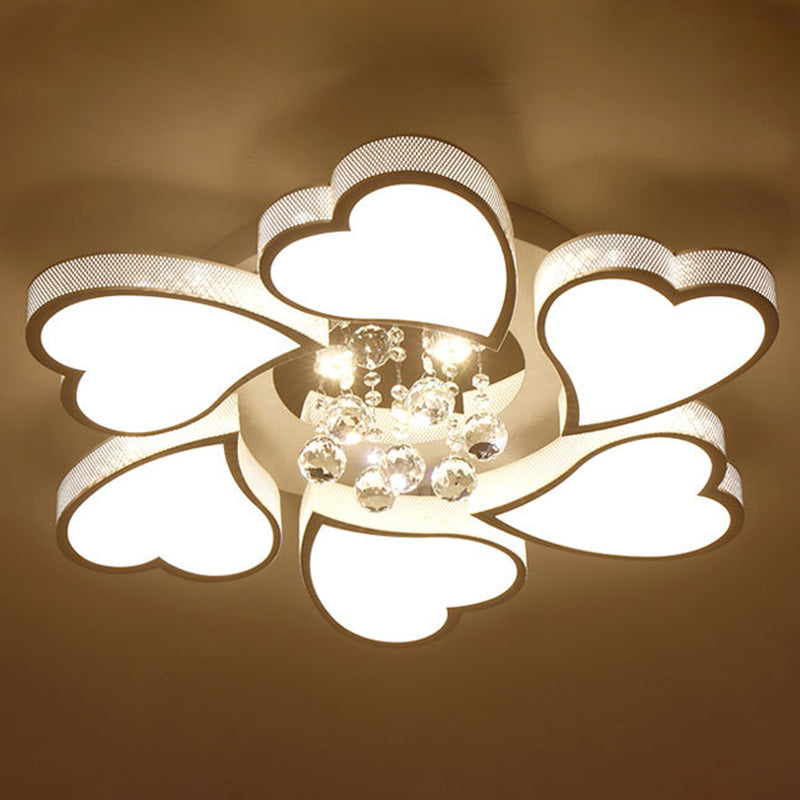 White Heart Shaped Semi Flush Mount Minimalist Acrylic LED Ceiling Light with Crystal Balls