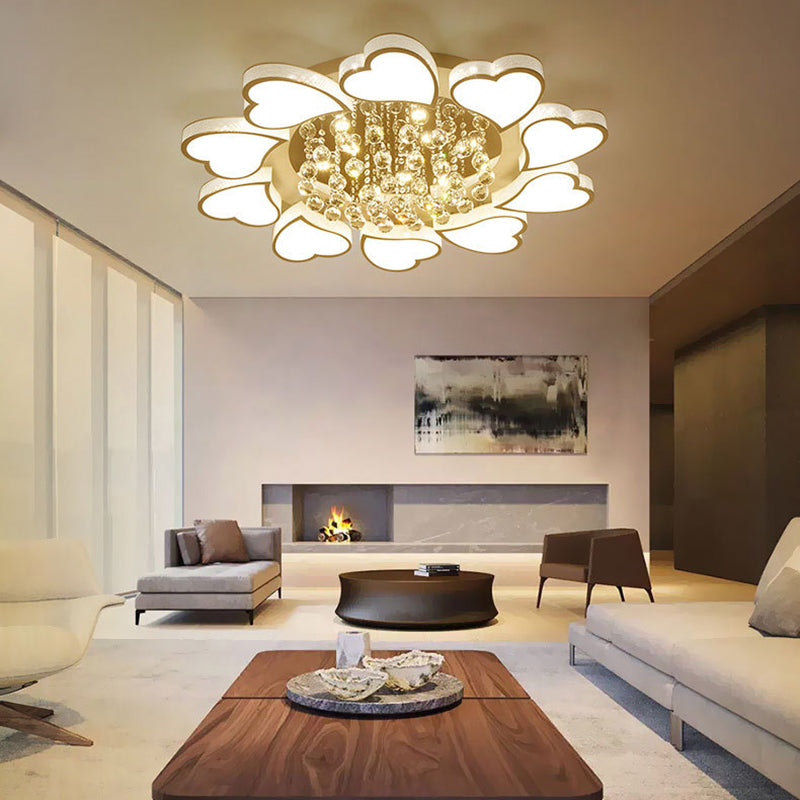 White Heart Shaped Semi Flush Mount Minimalist Acrylic LED Ceiling Light with Crystal Balls