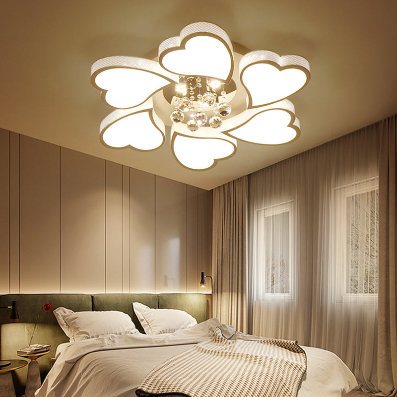 White Heart Shaped Semi Flush Mount Minimalist Acrylic LED Ceiling Light with Crystal Balls