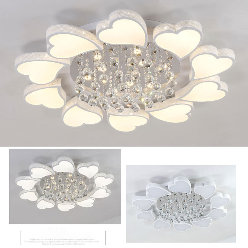 White Heart Shaped Semi Flush Mount Minimalist Acrylic LED Ceiling Light with Crystal Balls