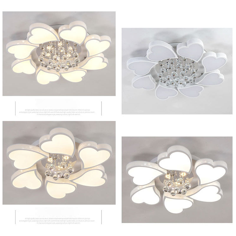 White Heart Shaped Semi Flush Mount Minimalist Acrylic LED Ceiling Light with Crystal Balls