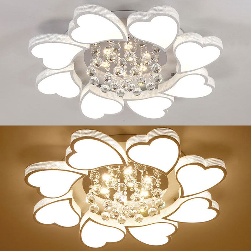 White Heart Shaped Semi Flush Mount Minimalist Acrylic LED Ceiling Light with Crystal Balls