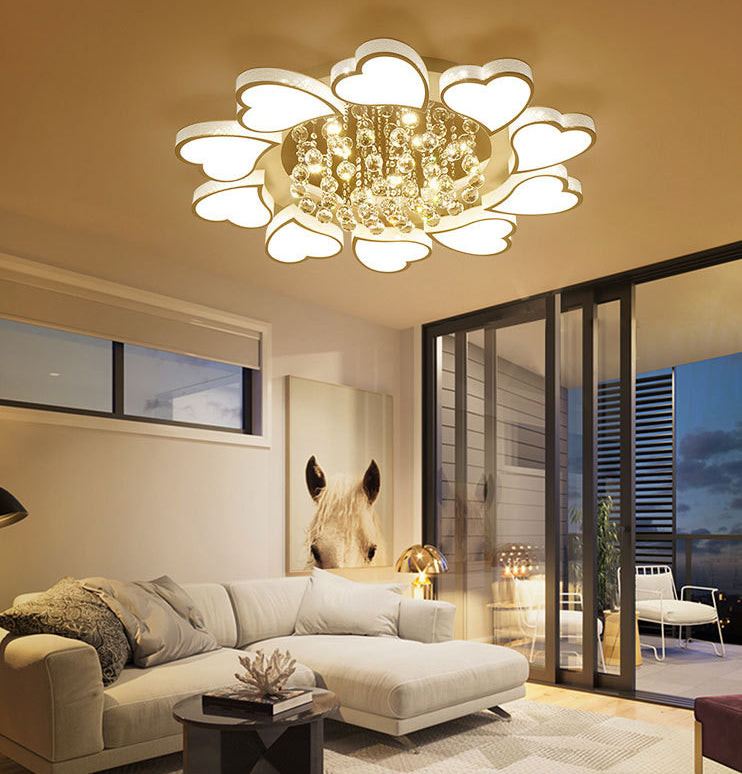 White Heart Shaped Semi Flush Mount Minimalist Acrylic LED Ceiling Light with Crystal Balls