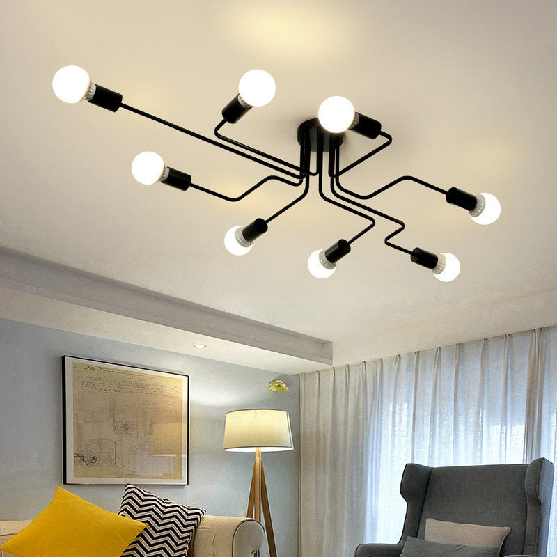 Vintage Industrial Style Open-bulb Ceiling Light Spider Shaped Wrought Iron Semi Flush-mount Lamp for Living Room