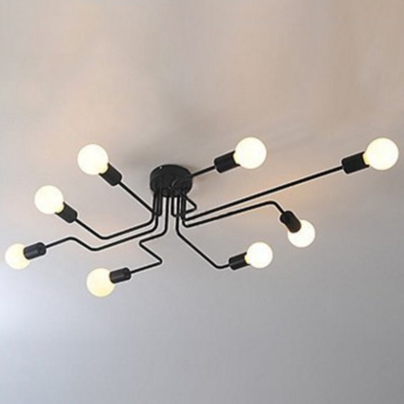 Vintage Industrial Style Open-bulb Ceiling Light Spider Shaped Wrought Iron Semi Flush-mount Lamp for Living Room