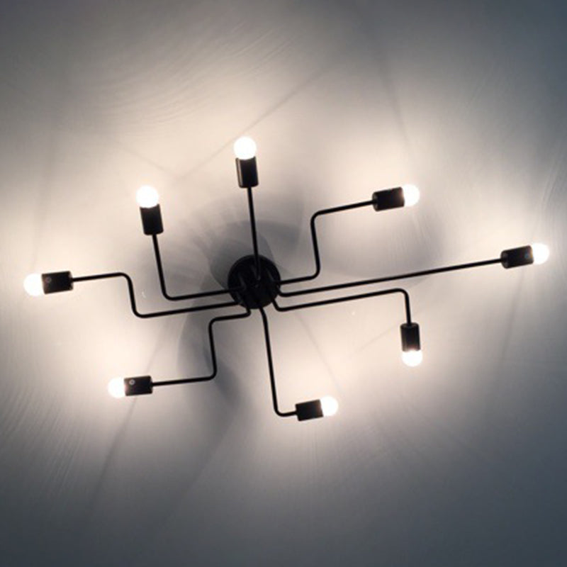 Vintage Industrial Style Open-bulb Ceiling Light Spider Shaped Wrought Iron Semi Flush-mount Lamp for Living Room