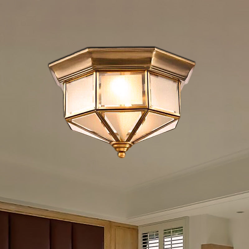 Brass 2 Lights Flush Mount Fixture Colonialism Curved Frosted Glass Octagon Ceiling Mounted Light for Bedroom