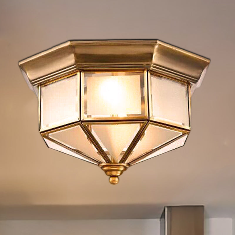 Brass 2 Lights Flush Mount Fixture Colonialism Curved Frosted Glass Octagon Ceiling Mounted Light for Bedroom