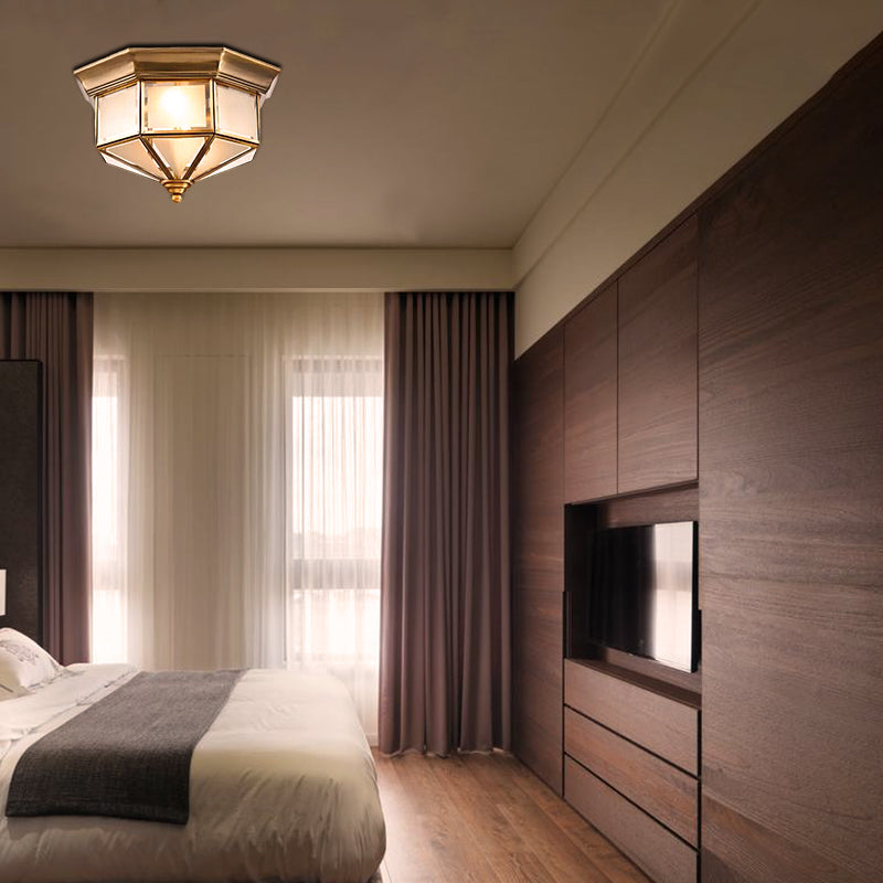 Brass 2 Lights Flush Mount Fixture Colonialism Curved Frosted Glass Octagon Ceiling Mounted Light for Bedroom