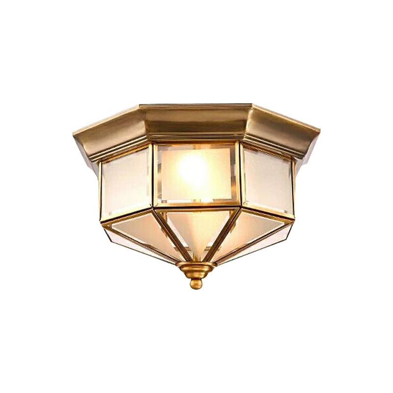 Brass 2 Lights Flush Mount Fixture Colonialism Curved Frosted Glass Octagon Ceiling Mounted Light for Bedroom