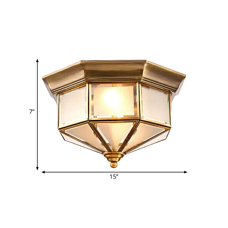 Brass 2 Lights Flush Mount Fixture Colonialism Curved Frosted Glass Octagon Ceiling Mounted Light for Bedroom