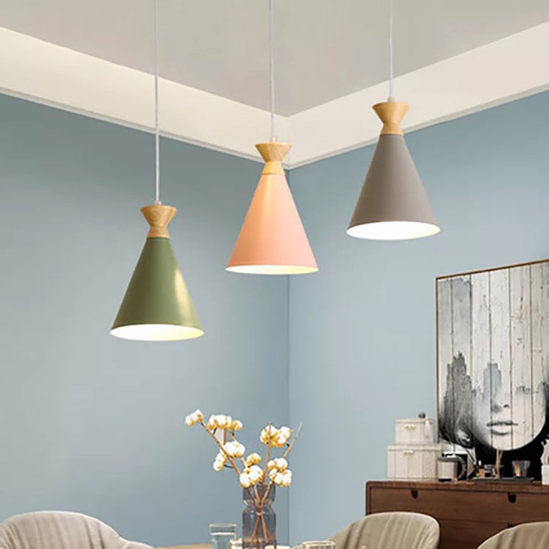 Nordic Minimalism Macaroon Hanging Light with Metal Conical Shade Single Bulb Wooden Mini Bedside Lamp