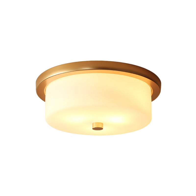 Drum Eetkamer Flush Mount Licht Koloniaal Wit Handblown Glas 3 Bulb Goud Dicht bij Plafondlamp