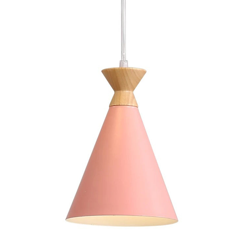 Nordic Minimalism Macaroon Hanging Light with Metal Conical Shade Single Bulb Wooden Mini Bedside Lamp