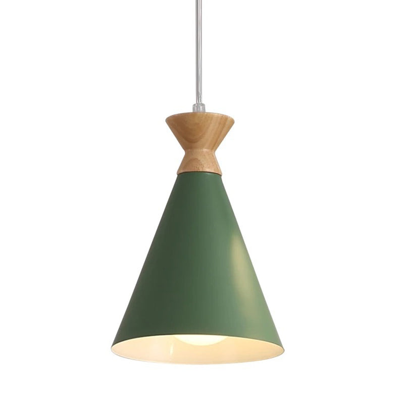 Nordic Minimalism Macaroon Hanging Light with Metal Conical Shade Single Bulb Wooden Mini Bedside Lamp