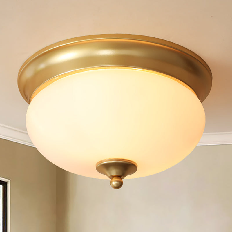 2 Bulbs Globe Ceiling Mount Colonial Brass Mouth Blown Opal Glass Flush Light Fixture for Living Room