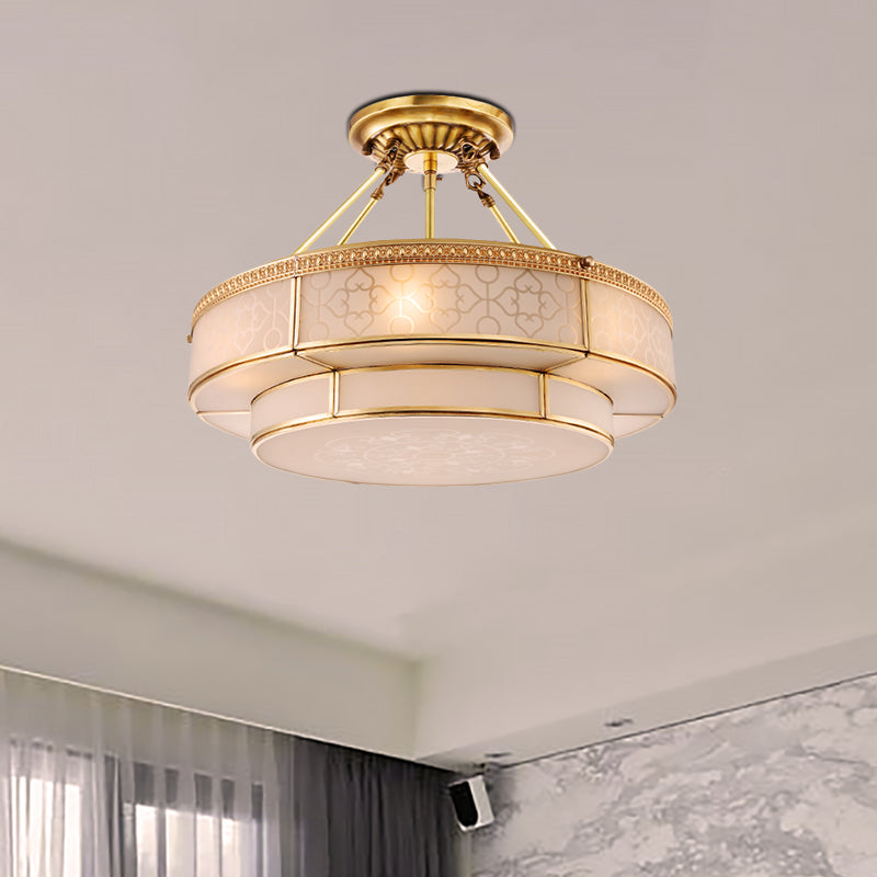 Colonial Round Ceiling Mount Light Fixture 3 Bulbs Milky Glass Semi Flush Chandelier in Brass for Living Room