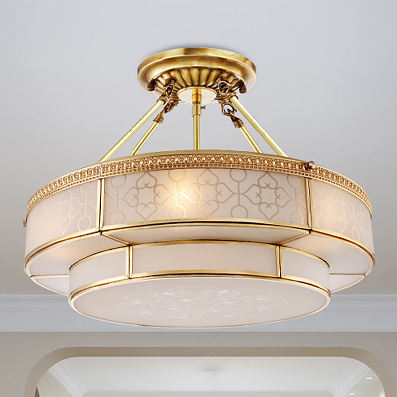 Colonial Round Ceiling Mount Light Fixture 3 Bulbs Milky Glass Semi Flush Chandelier in Brass for Living Room