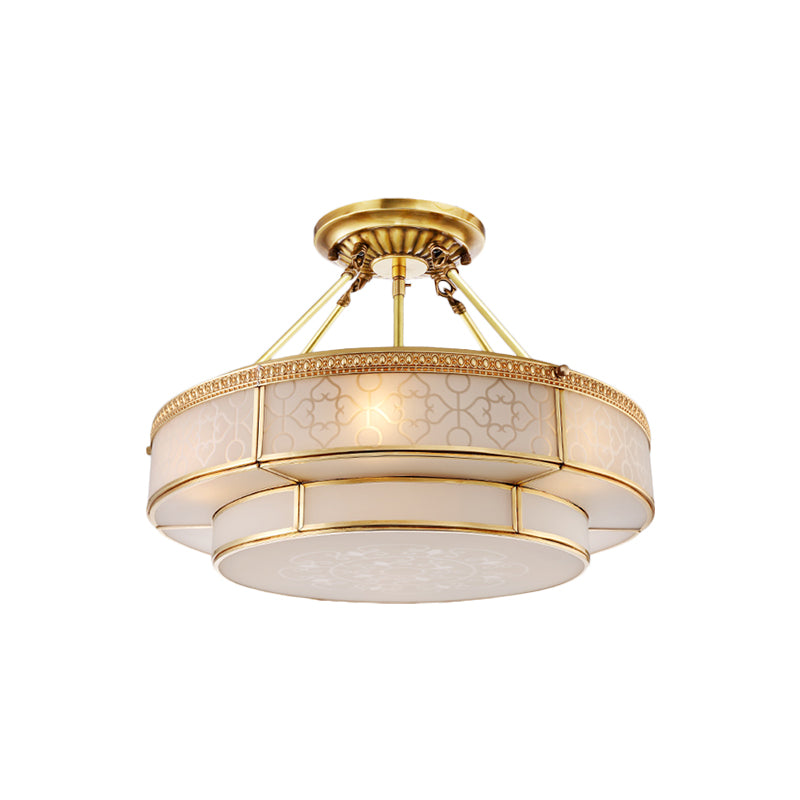 Colonial Round Ceiling Mount Light Fixture 3 Bulbs Milky Glass Semi Flush Chandelier in Brass for Living Room