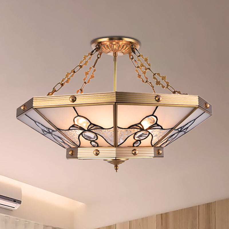 Brass 4 Lights Semi-Flush Ceiling Light Colonialism Bevel Frosted Glass Tapered Ceiling Mount Chandelier for Bedroom, 16"/19.5"  W