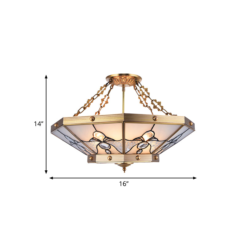 Lámpara de techo semicerrada de 4 lámparas de latón, candelabro de techo cónico de vidrio esmerilado en pendiente colonial, para dormitorio, 16 "/ 19,5" W