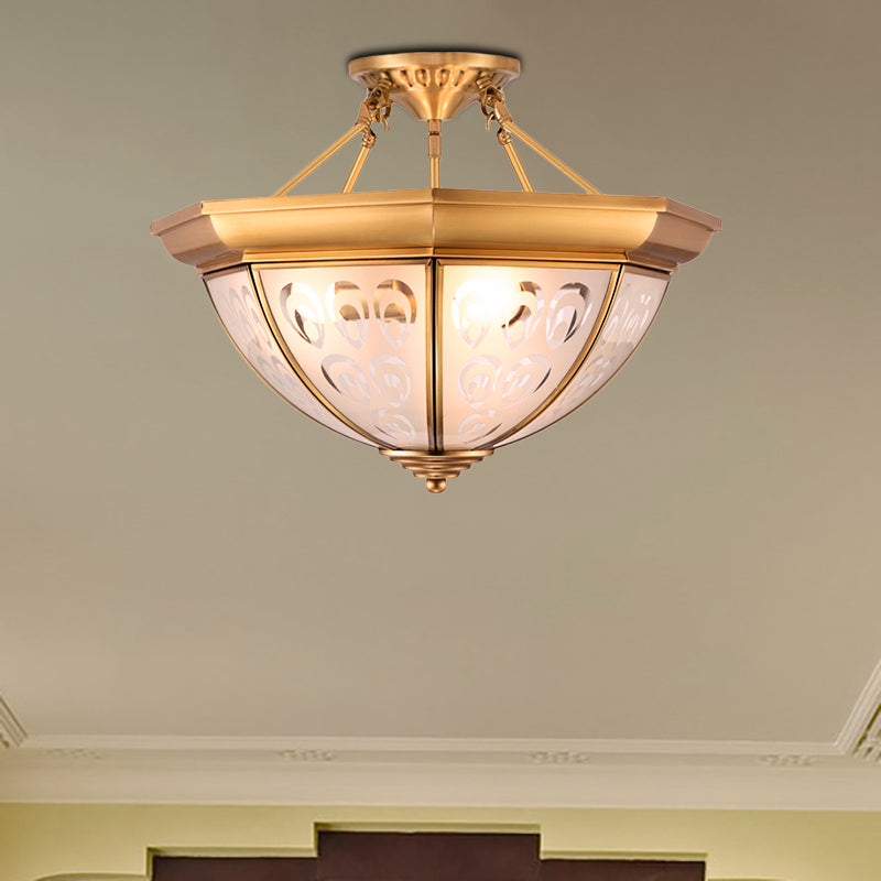 Colonial Dome Ceiling Mount Light Fixture 15"/19" W 3/4 Bulbs Opal Glass Semi Flush Chandelier in Brass for Living Room