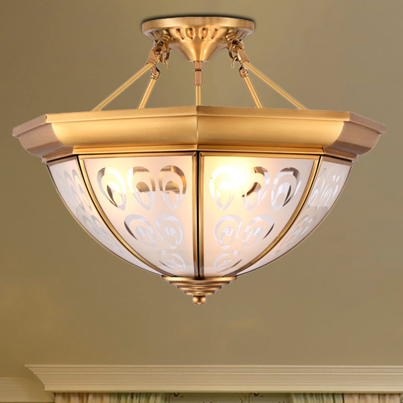 Colonial Dome Ceiling Mount Light Fixture 15"/19" W 3/4 Bulbs Opal Glass Semi Flush Chandelier in Brass for Living Room