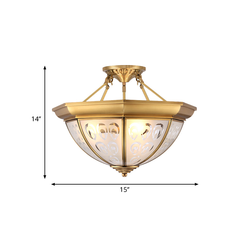 Koloniale koepel plafondmontage verlichtingsarmatuur 15 "/19" w 3/4 bollen opaalglas semi spoel kroonluchter in messing voor woonkamer