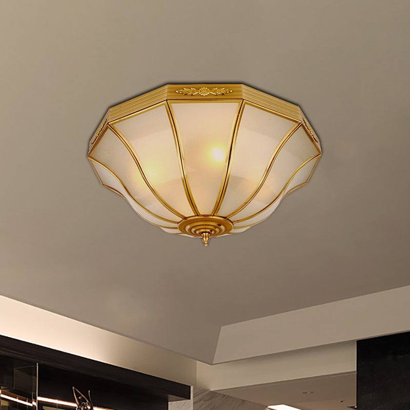 14.5"/18.5" W 3/4-Light Opal Glass Flush Light Colonialist Brass Flared Bedroom Close to Ceiling Lighting