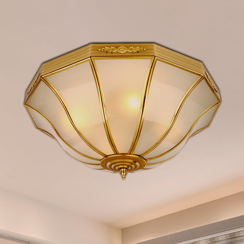 14.5"/18.5" W 3/4-Light Opal Glass Flush Light Colonialist Brass Flared Bedroom Close to Ceiling Lighting