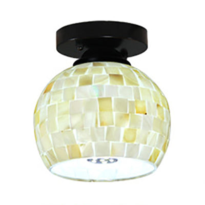 Beige Ceiling Light Fixture with Geometric/Circle/Square Pattern Tiffany Mosaic Glass 1 Bulb Flush Mount Ceiling Light