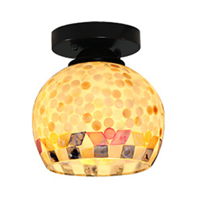 Beige Ceiling Light Fixture with Geometric/Circle/Square Pattern Tiffany Mosaic Glass 1 Bulb Flush Mount Ceiling Light